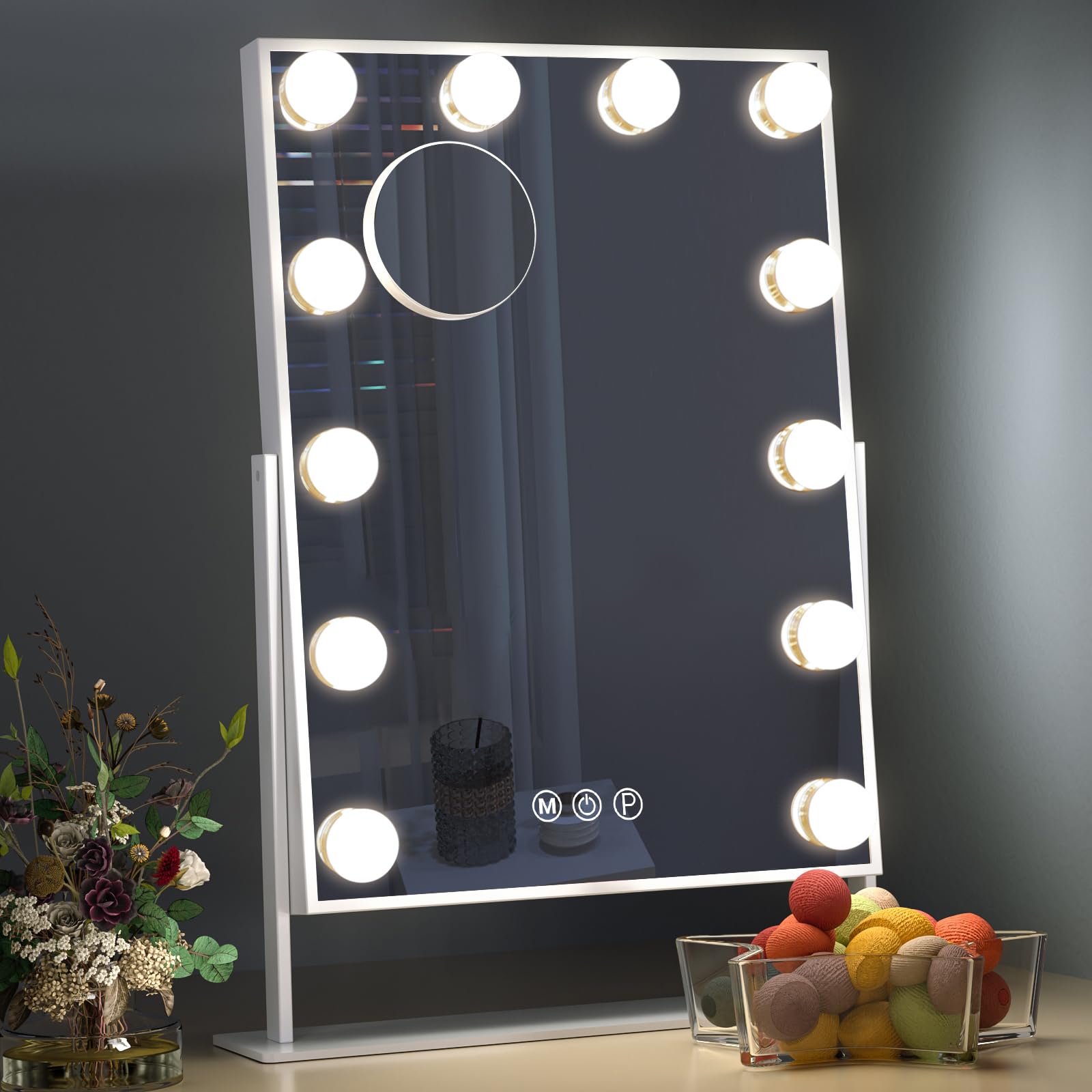 Hansong Hollywood Vanity Mirror with Lights 12 Dimmable LED Bulbs Lighted Makeup Mirror with 3 Color Light & 10X Magnifying Touchscreen Control 360