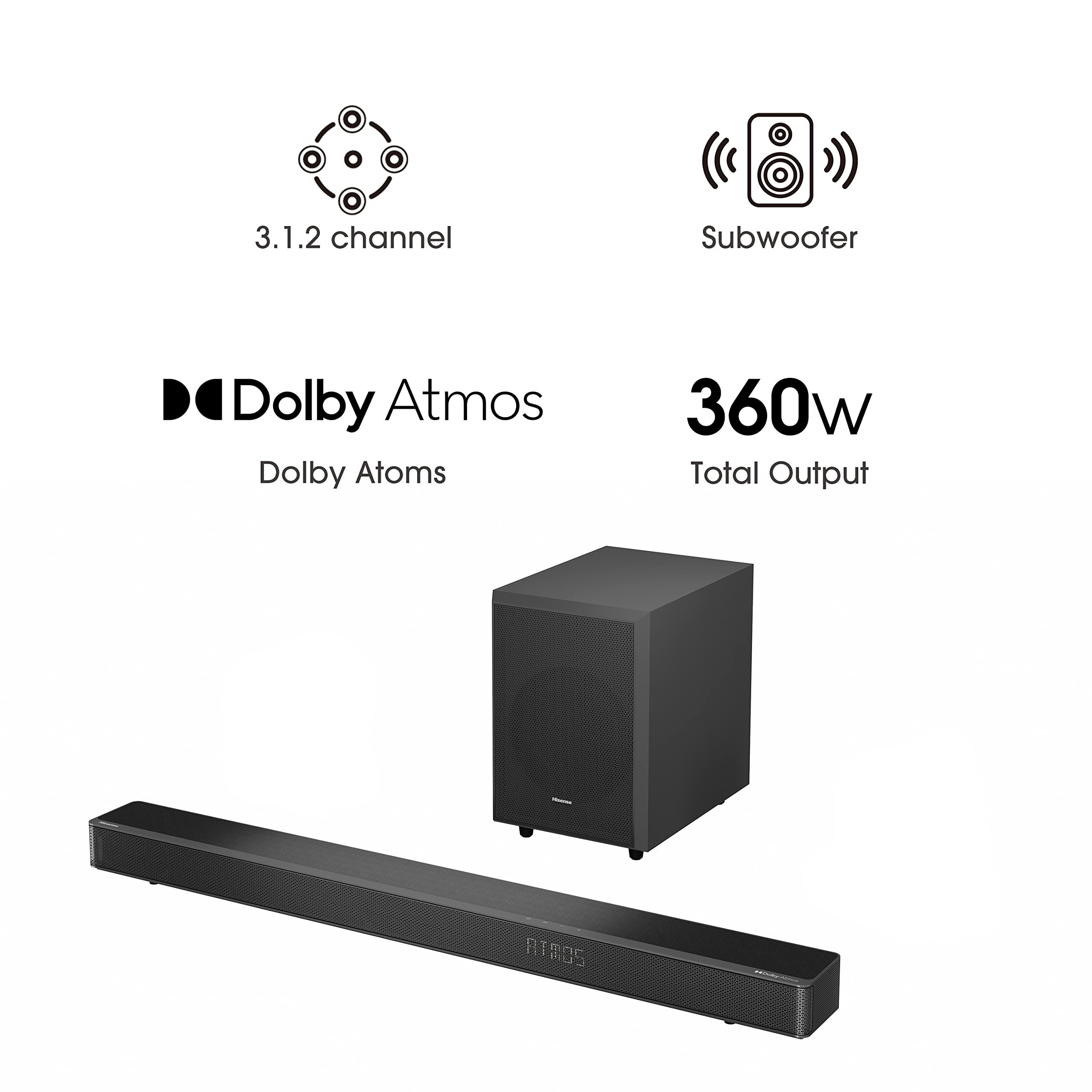 Hisense AX5125H 5.1.2 Channel 500W Dolby Atmos Soundbar with Wireless Subwoofer& Up Firing Speakers& Turly Wireless Rear Speakers