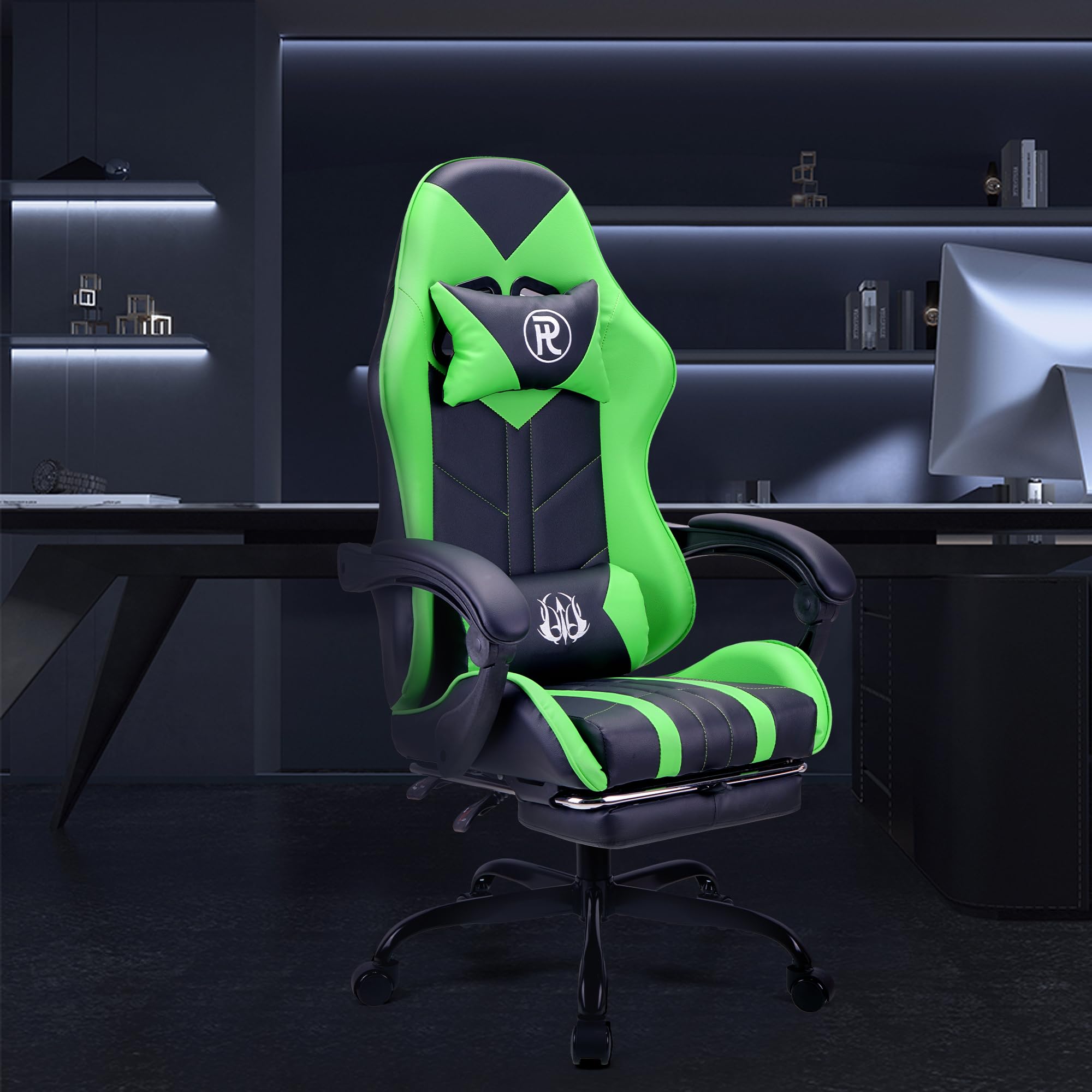 Play haha.Ergonomic reclining seat with footrest adjustable headrest and lumbar cushion high back support padded armrests PU leather finish for gaming home or office use