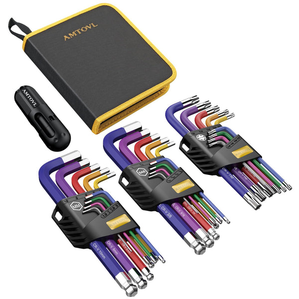 AMTOVL Hex Keys Set, 27PCS Allen Key Set & Star Key Set, Magnetic S2 Steel Metric Imperial Extra Long Ball End Hex Key Set with Color Coding with T-Handle for Bicycle Repair Household DIY