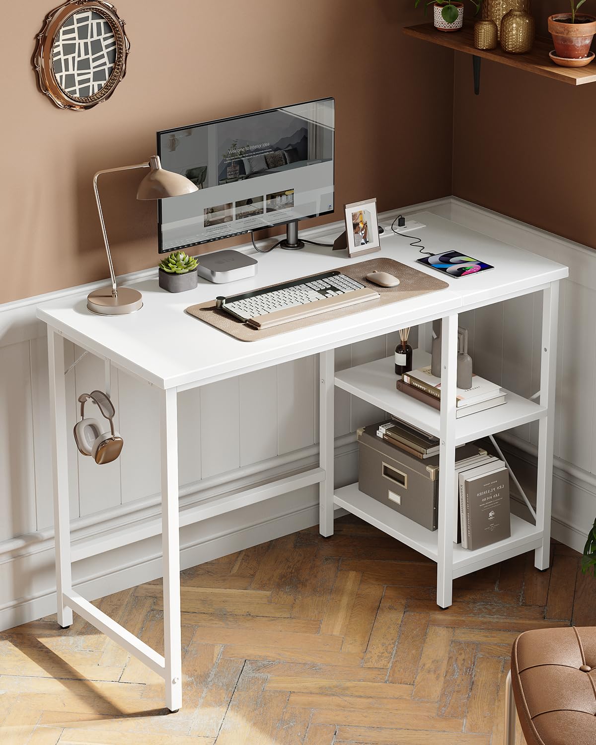 CubiCubi Computer Desk with Monitor Stand and Storage Shelves, 120cm Home Office Desk Study Writing Table, White