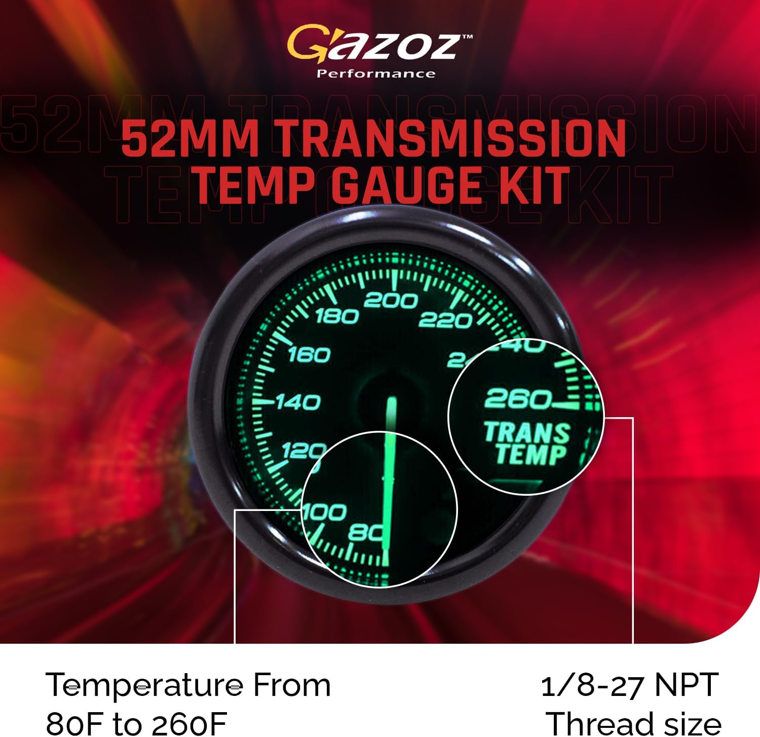 GAZOZ PERFORMANCE 52mm Transmission Trans Temp Gauge Kit 7 Color LED Electrical Peak Smoke Lens