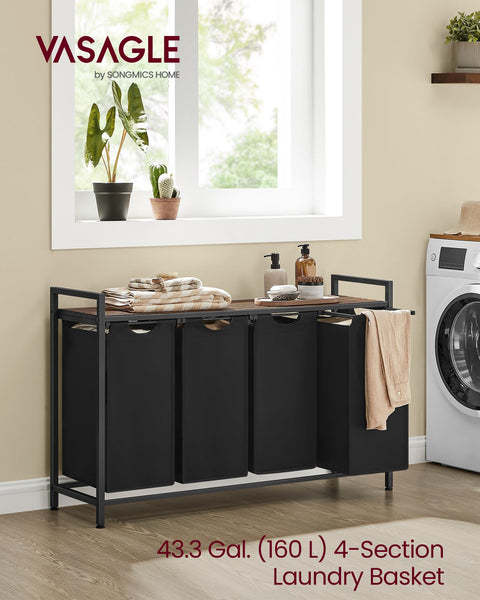 VASAGLE Laundry Basket, Laundry Hamper, Pull-Out and Removable Liner Bag, Shelf, Metal Frame, 65 L, 50 x 33 x 72 cm, Ink Black and Rustic Brown BLH101B01