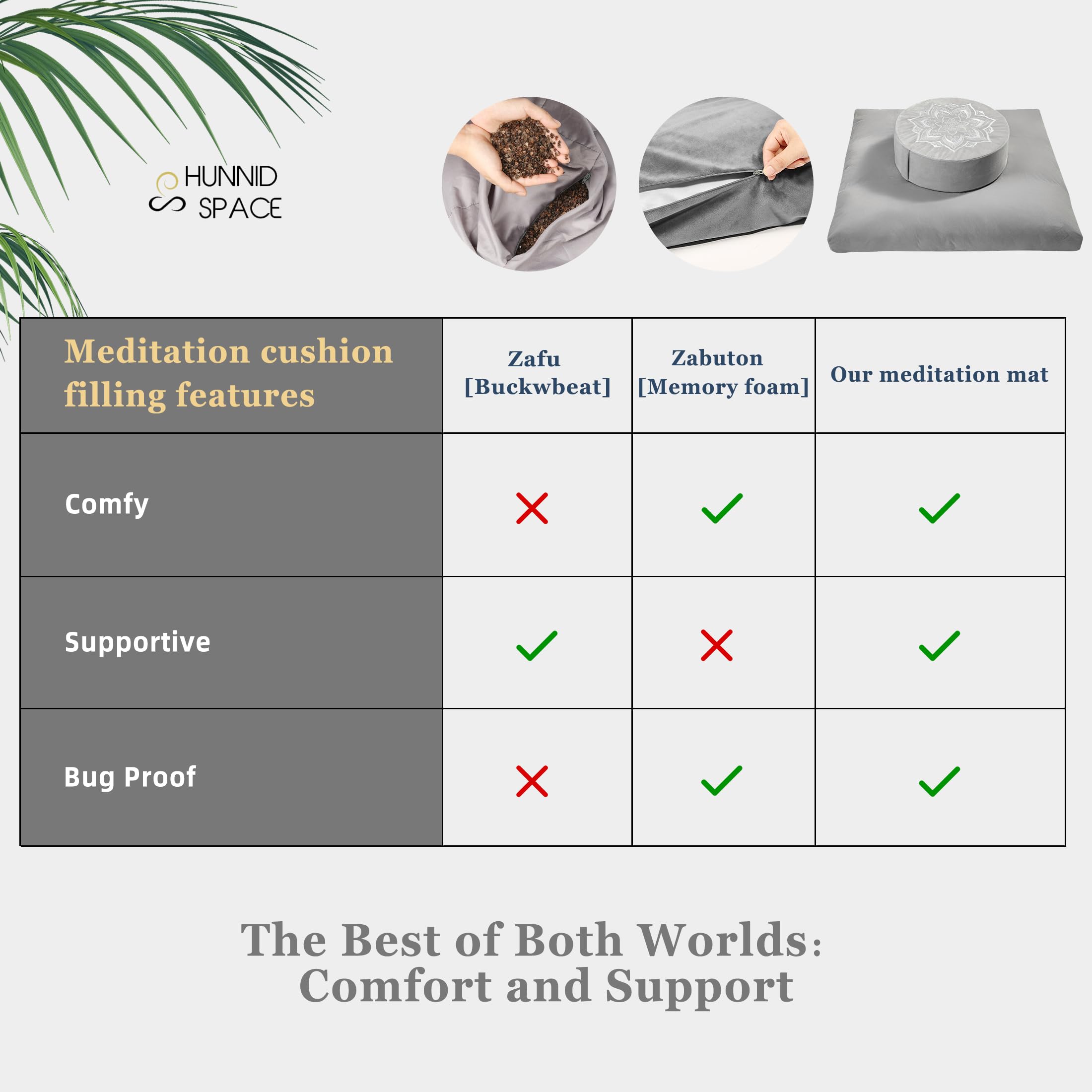 hunnidspace Meditation Cushion with Washable Premium Velvet Cover,100% Memory Foam Square Floor Cushion and Buckwheat Cushion Seating for Adults and