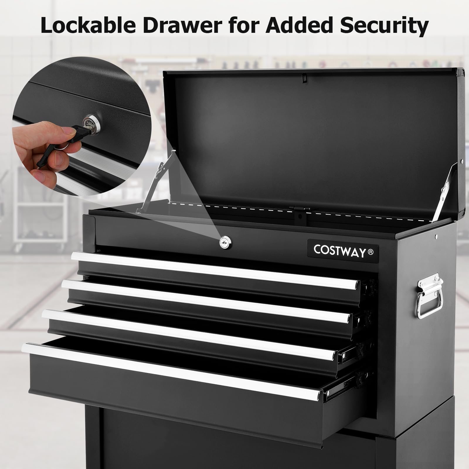 COSTWAY Large Rolling Tool Cabinet, 2-in-1 Detachable Metal Tool Chest with Drawers, Wheel, Handle, Hooks & Pegboard, Lockable Tool Box Trolley for Garage Workshop (with Middle Compartment, Black)