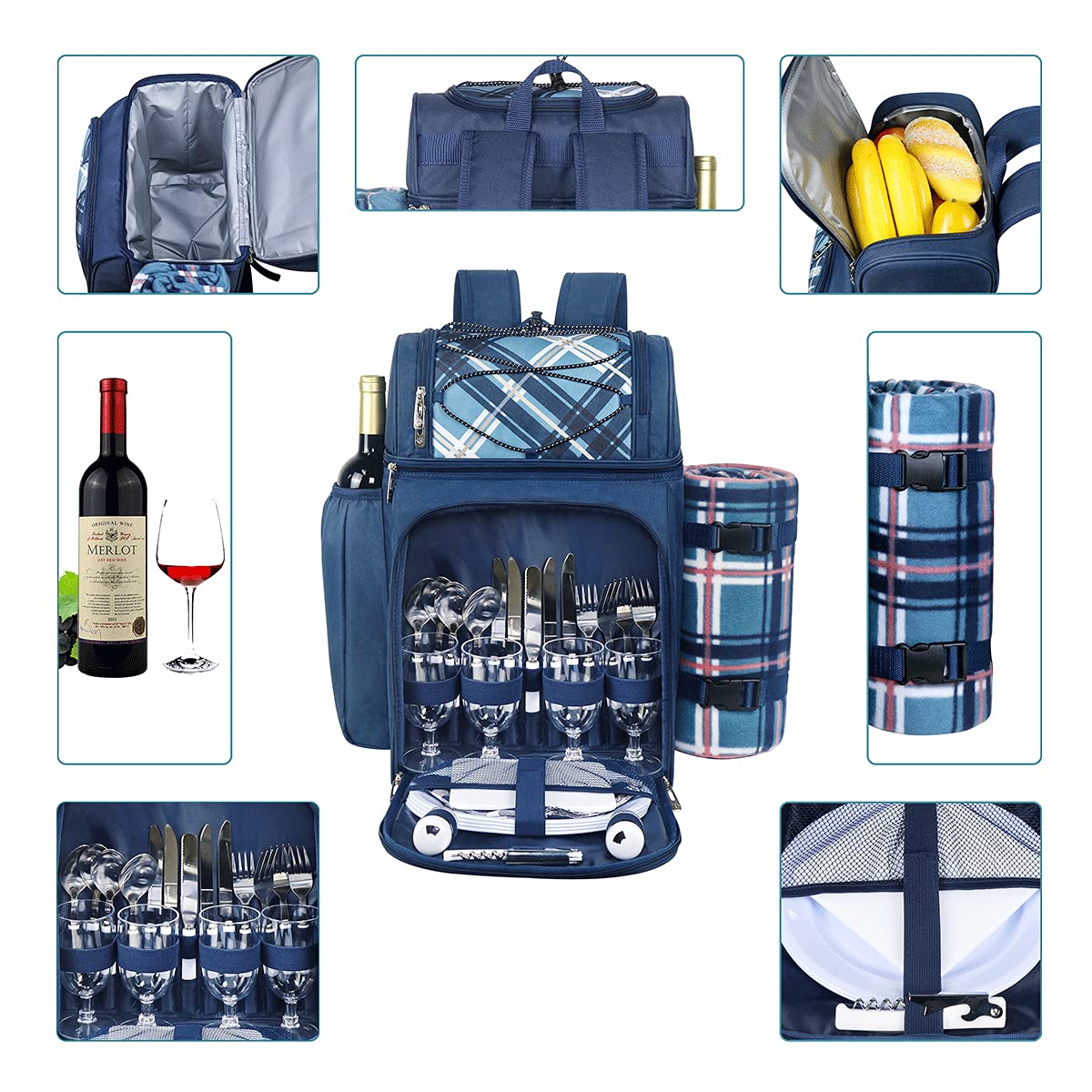 Hap Tim Picnic Basket Backpack for 4 Person with Insulated Leak Proof Cooler Compartment,Wine Holder,Fleece Blanket,Cutlery Set,Perfect for Beach