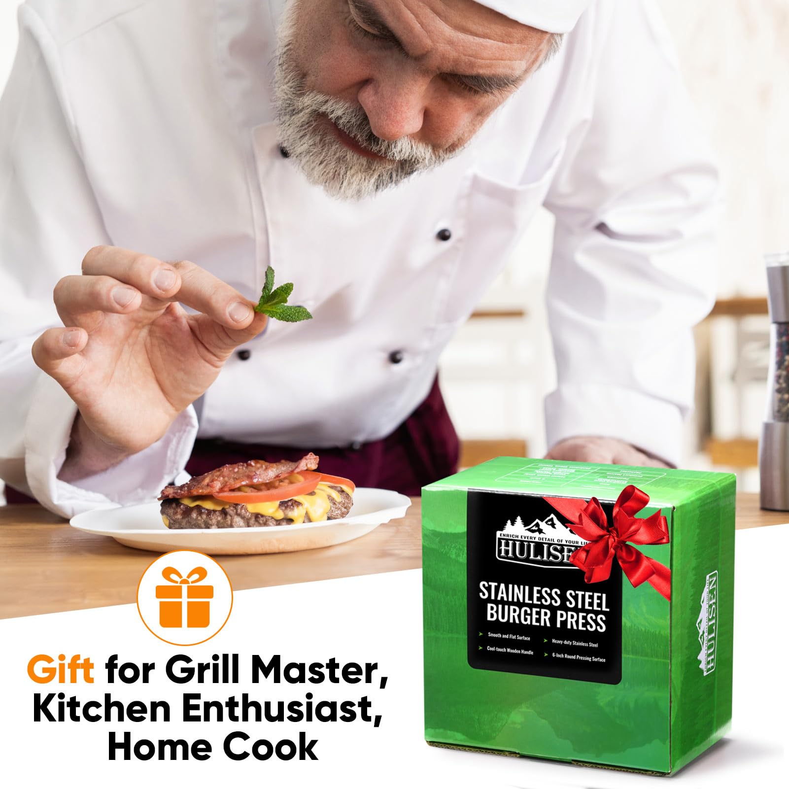 HULISEN 8.5-Inch Burger Press, 2.5 lbs Heavy Duty Bacon & Grill Press, Stainless Steel Smashed Burger Press, Round Smasher with Wood Handle, BBQ Griddle Accessories for Hamburger, Steak, Meat…