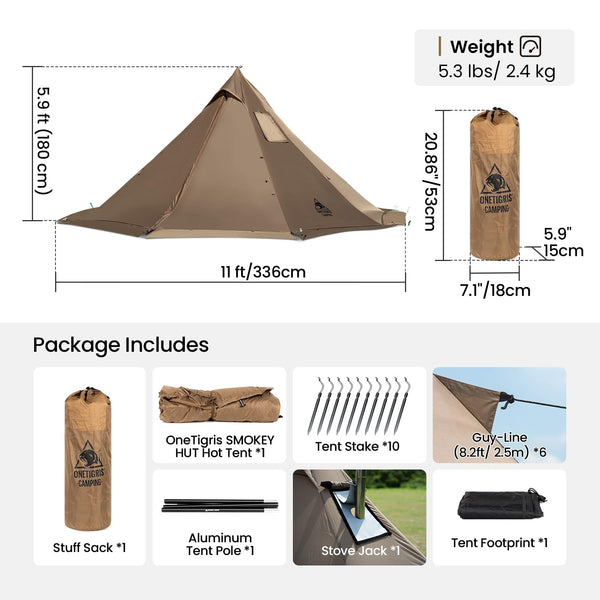OneTigris Smokey HUT Hot Tent with Stove Jack, Ultralight 4 Season Tipi Tent with Snow Skirt & Detachable Floor for Camping, Hiking, Bushcraft, Backpacking
