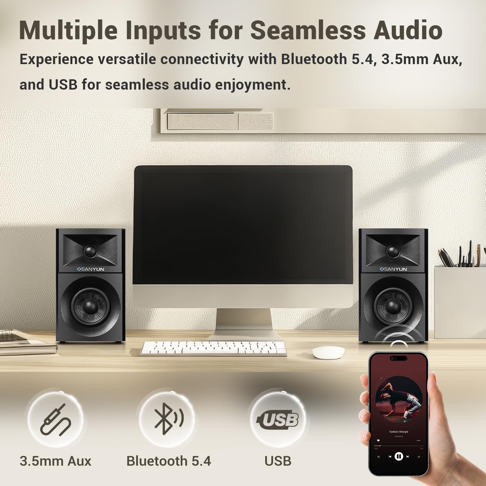Sanyun SW203 4.0 Computer Speakers - 60W 4-Way DSP Control 3D Immersive Sound - 3" Carbon Fiber Woofer & 20mm Silk Dome Tweeter - 24bit DAC USB/Bluetooth 5.4/AUX - Studio-Grade Audio (Pair, Black)