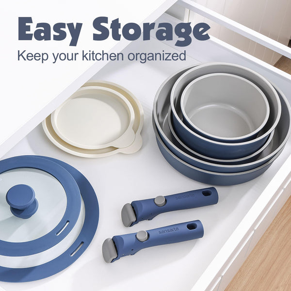 SENSARTE 17 Piece Pots and Pans Set, Nonstick Detachable Handle Cookware, Induction Kitchen Cookware Set with Removable Handle, Healthy Non Stick RV Cookware, Oven Safe (Black)