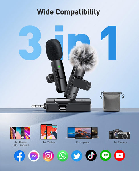 MENERESAS Mini Microphone for iPhone/Android: 3-in-1 Wireless Lavalier Microphone with Noise Reduction and Crystal Sound for Camera, Professional Video Recording, YouTube, TikTok