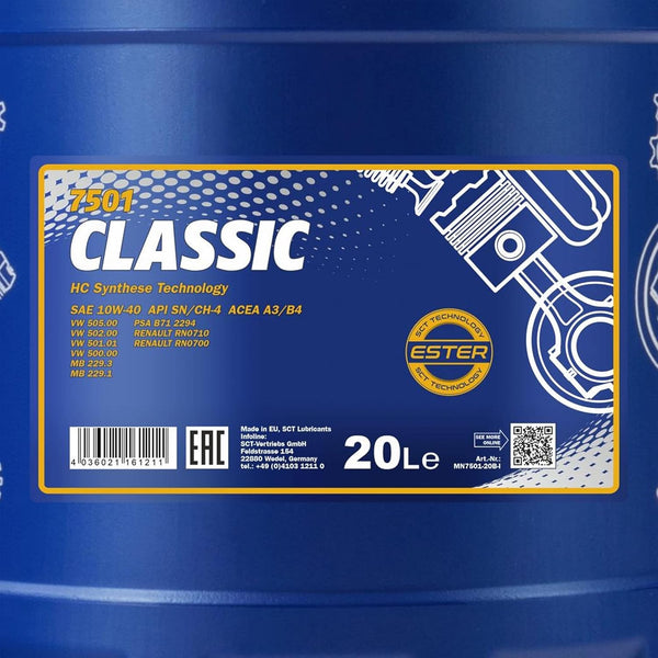Mannol 20 Litre Classic 10W-40 Engine Oil 7501 API SN/CH-4 ACEA A3/B4 Universal HC-Synthese Ester Technology