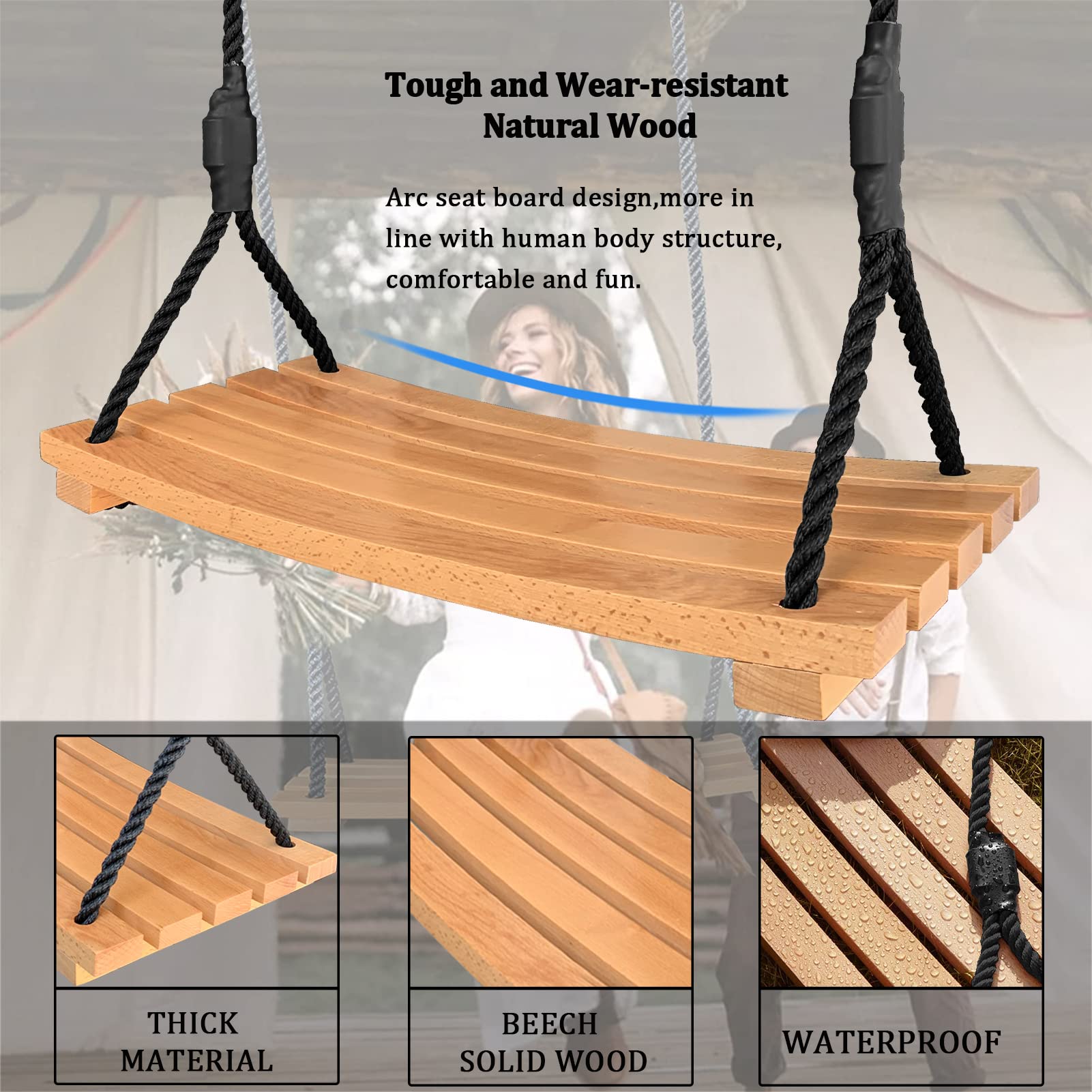 Favuit Wooden Swing Seat, Garden Tree Swing Hanging Seat Wood Swing with Adjustable Rope Outdoor Wood Swing Chair Durable Playground Equipment for