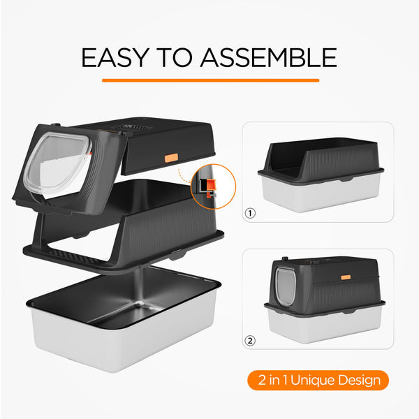 Citylife XL Stainless Steel Cat Litter Box with Lid, Extra Large Enclosed Removable Metal Litter Tray with Litter Scoop&Double Layer Litter Mat, Non-Sticky, Non-Odor, Easy Cleaning, for Big Cats