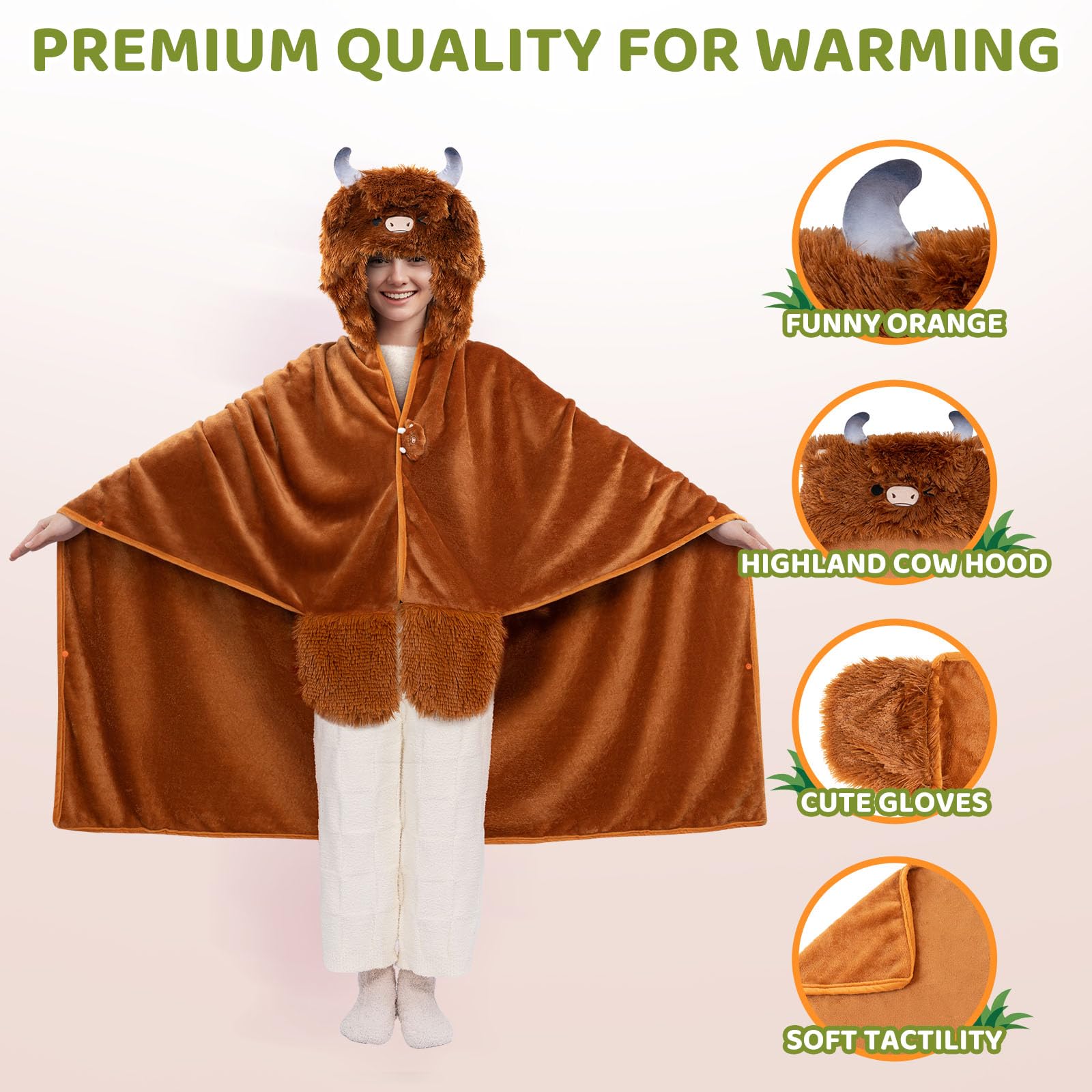 Mewaii Oversized Wearable Blanket Hoodie  Kawaii Highland Cow Hooded Cloak, Soft Plush Flannel Blanket Hoodie, Unisex Cozy Blanket as Birthday Gifts