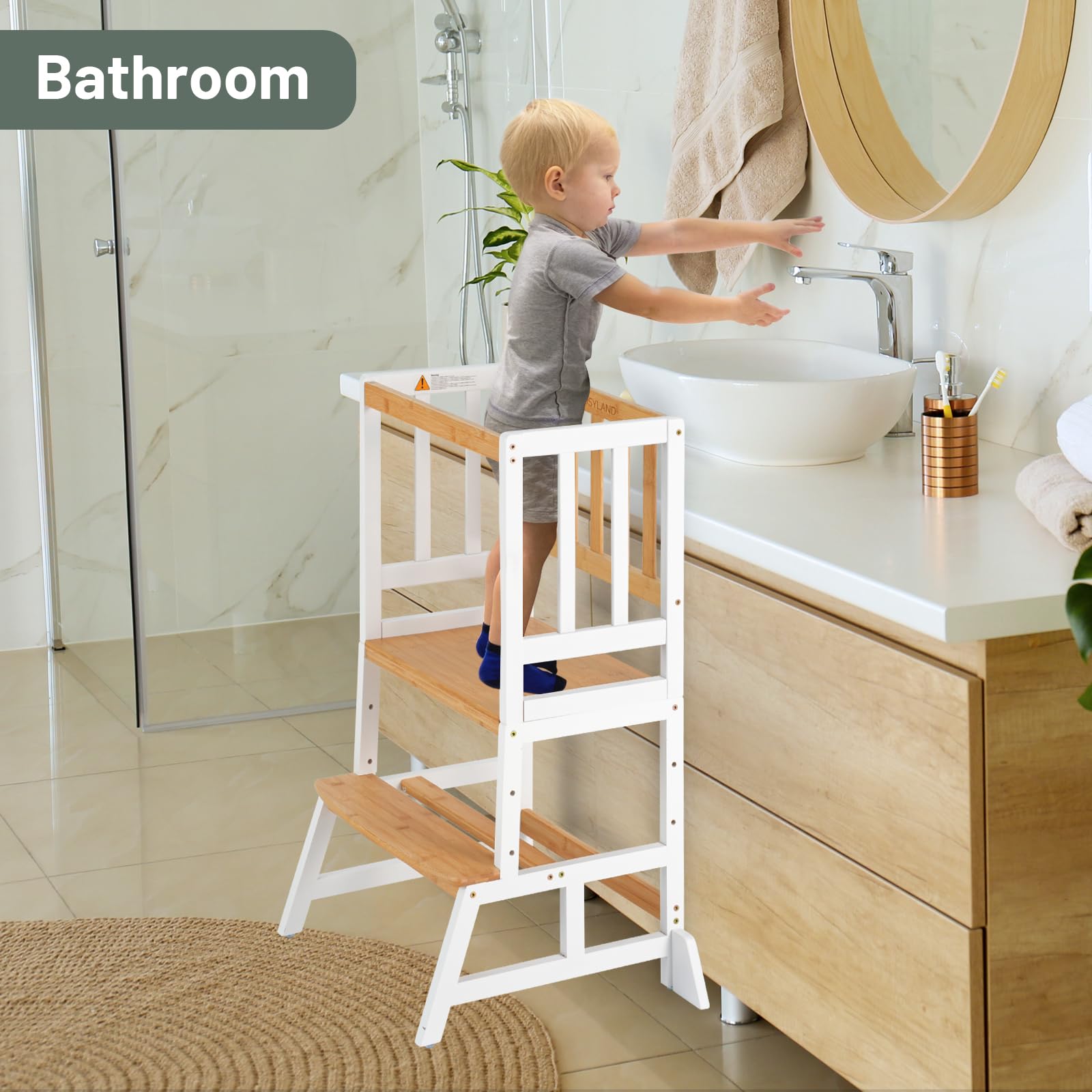 COSYLAND Height Adjustable Kids Kitchen Step Stool with Anti-tip Support Corners - Kids Standing Tower for Kitchen Counter, Bathroom, Nursery (Black)