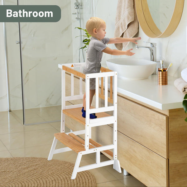 COSYLAND Height Adjustable Kids Kitchen Step Stool with Anti-tip Support Corners - Kids Standing Tower for Kitchen Counter, Bathroom, Nursery (Black)