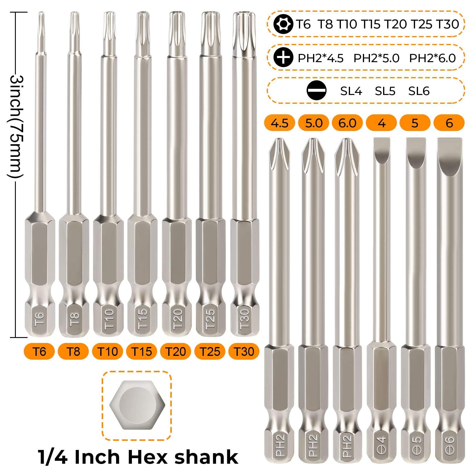 Hakkin 12PC Screwdriver Bits Set - S2 Steel, Magnetic, 3 Inch Slotted & Phillips, 1/4" Hex Shank for Power Screwdriver, Drill, Impact Driver