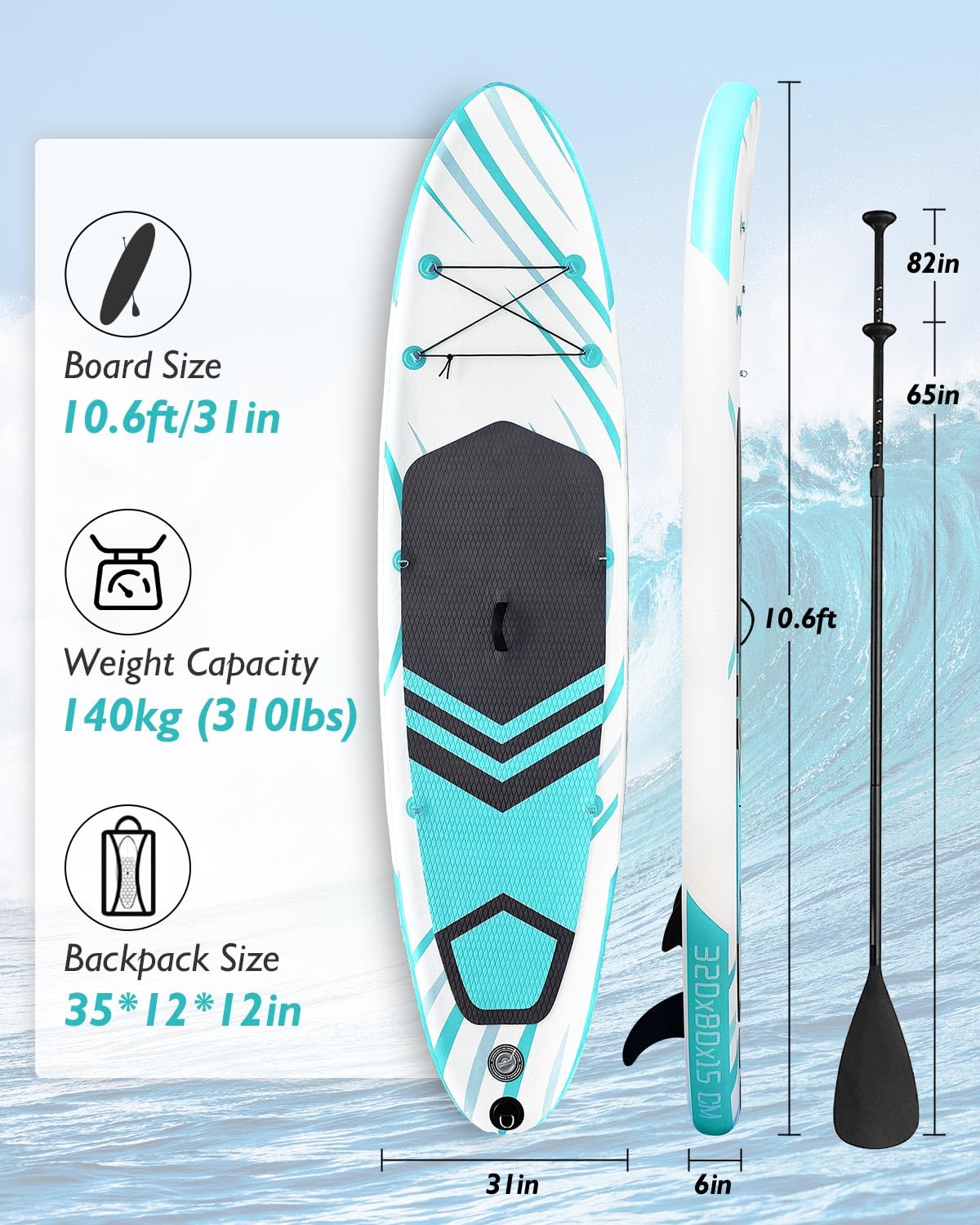 Inflatable Stand Up Paddle Board 10'6"×31"×6"", Max 140KG Load SUP Paddle Board with Accessories Waterproof Cell Phone Bag, Excellent Paddleboards for Adults/Youth/Beginners/Advanced/Water yoga