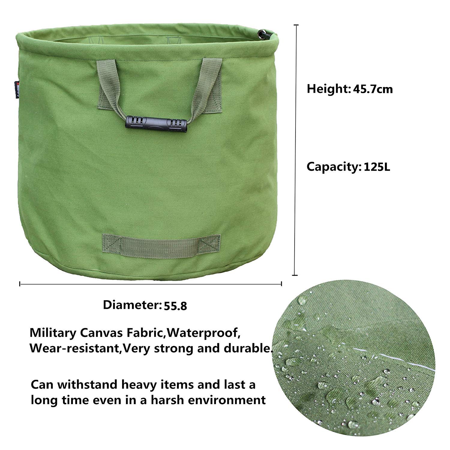 3-Pack 125L Garden Waste Bags Heavy Duty with Handles,Green Leaf Bag with Military Canvas Fabric (H45.7 cm, D55.8 cm)