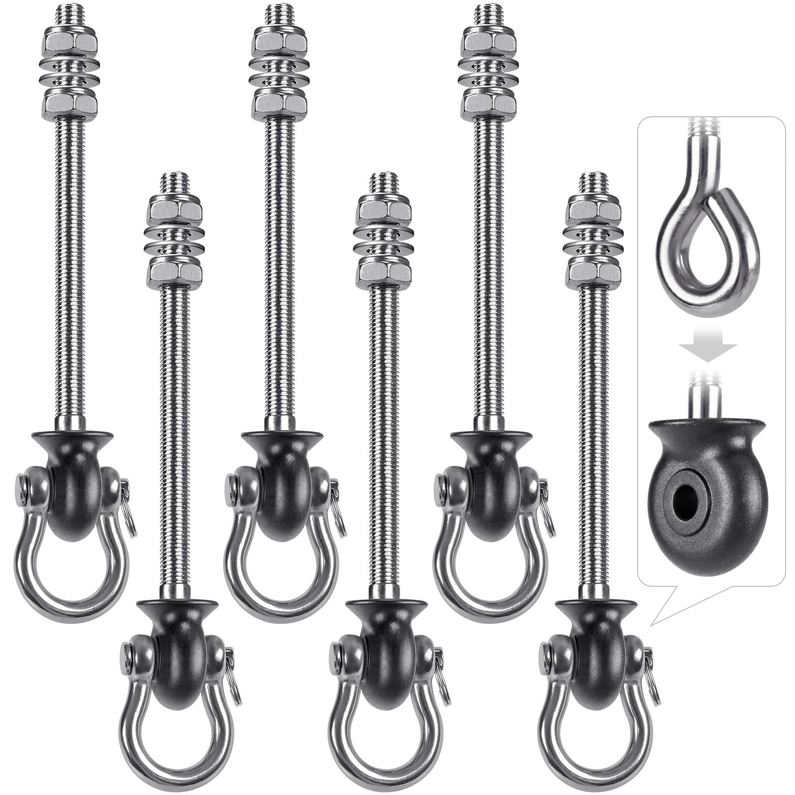 Dolibest 6pcs Swing Hanger, Heavy Duty Hammock Hook M8 Hanging Chair Screw Eye Bolt 245mm Swivel Ceiling Beam Mounting Bracket for Yoga Rope/Aerial