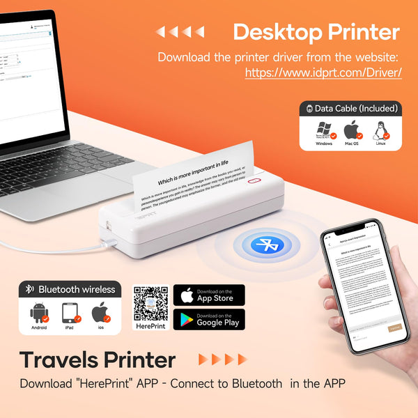iDPRT Portable Printer -Mobile Thermal Printer for Travel, Inkless Technology for Vehicles, Office, Home, School, Bluetooth Connection Compatible with iOS, Android, Tablet & Laptop- White
