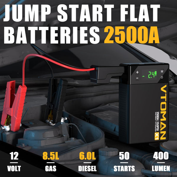 VTOMAN X1 Jump Starter Power pack with Air Compressor 2500A, Portable Car Battery Booster Jump Starter (Up to 8.5L Gas/6.0L Diesel Engines) Jump Pack with 150PSI Digital Tire Inflator