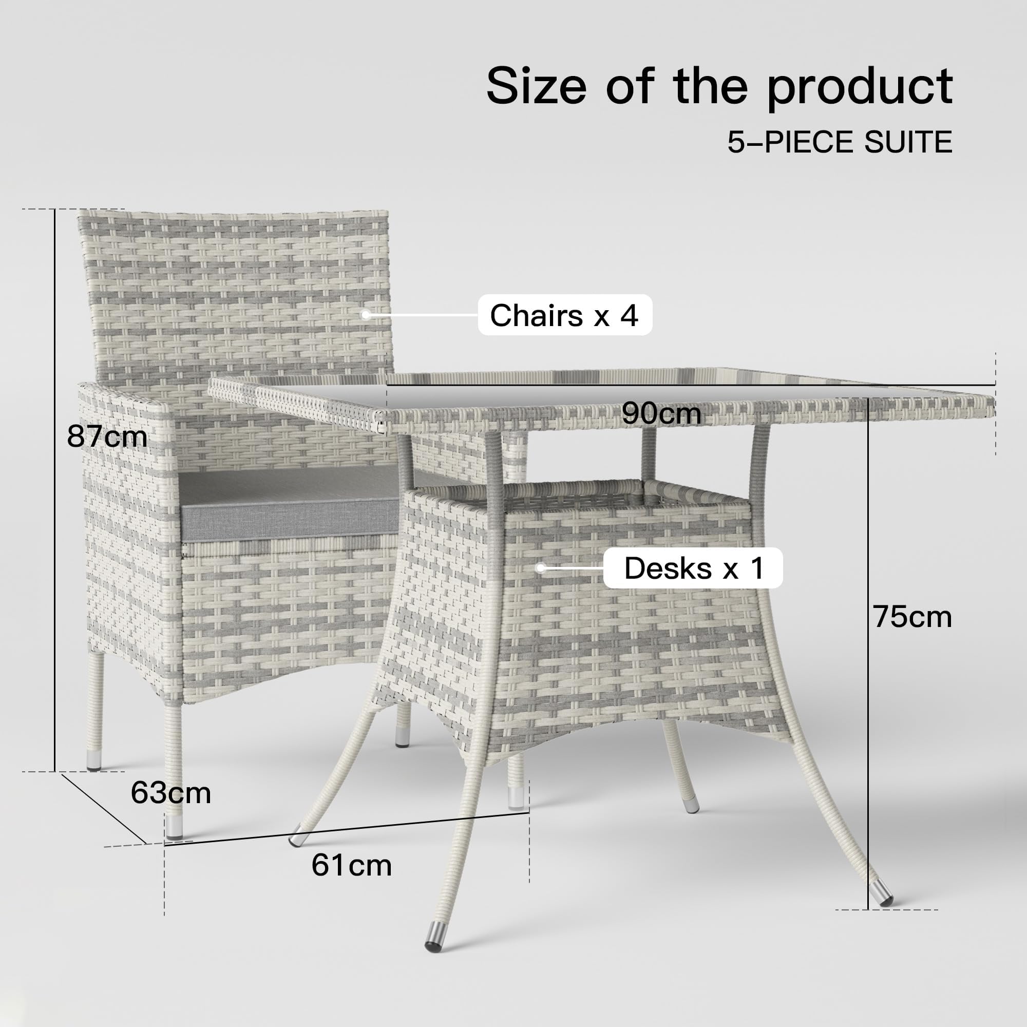 Trumbeak 4 Seater Rattan Dining Set with Cushions,Garden Furniture Set with Glass Top Table and 4 Armchairs,Outdoor Dining Table and Chairs Set for patio,Grey