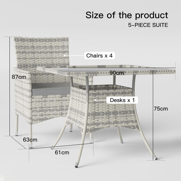 Trumbeak 4 Seater Rattan Dining Set with Cushions,Garden Furniture Set with Glass Top Table and 4 Armchairs,Outdoor Dining Table and Chairs Set for patio,Grey