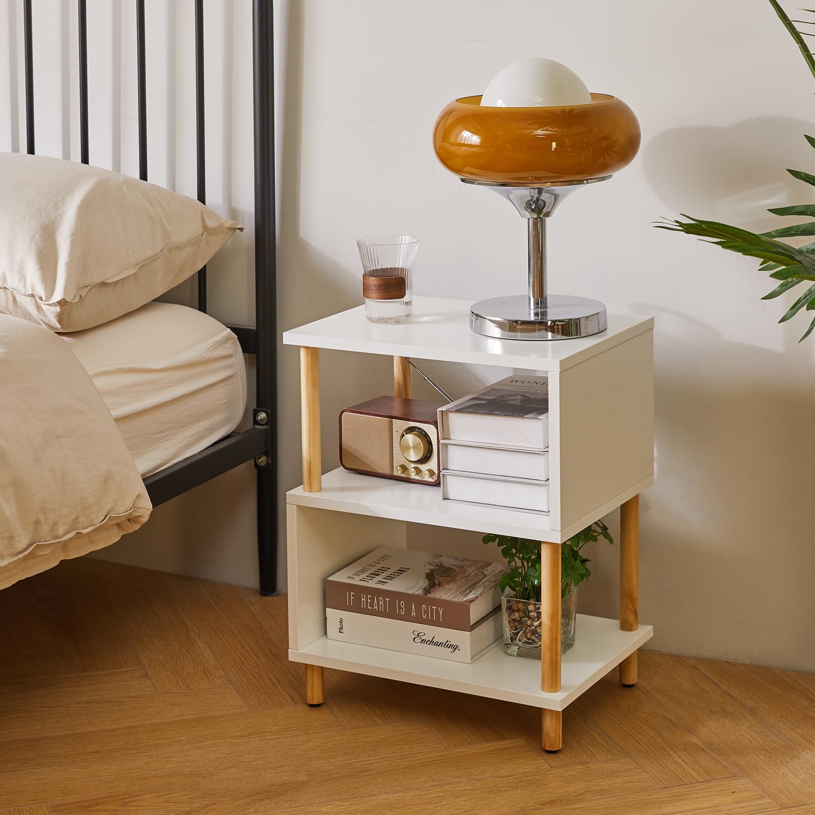 Aibiju White Side Table, Small End Table, Modern Nightstand with Storage Unit for Bedroom/Living Room/Hallway/Office,White+Natural Wood Legs,YD-TM152W