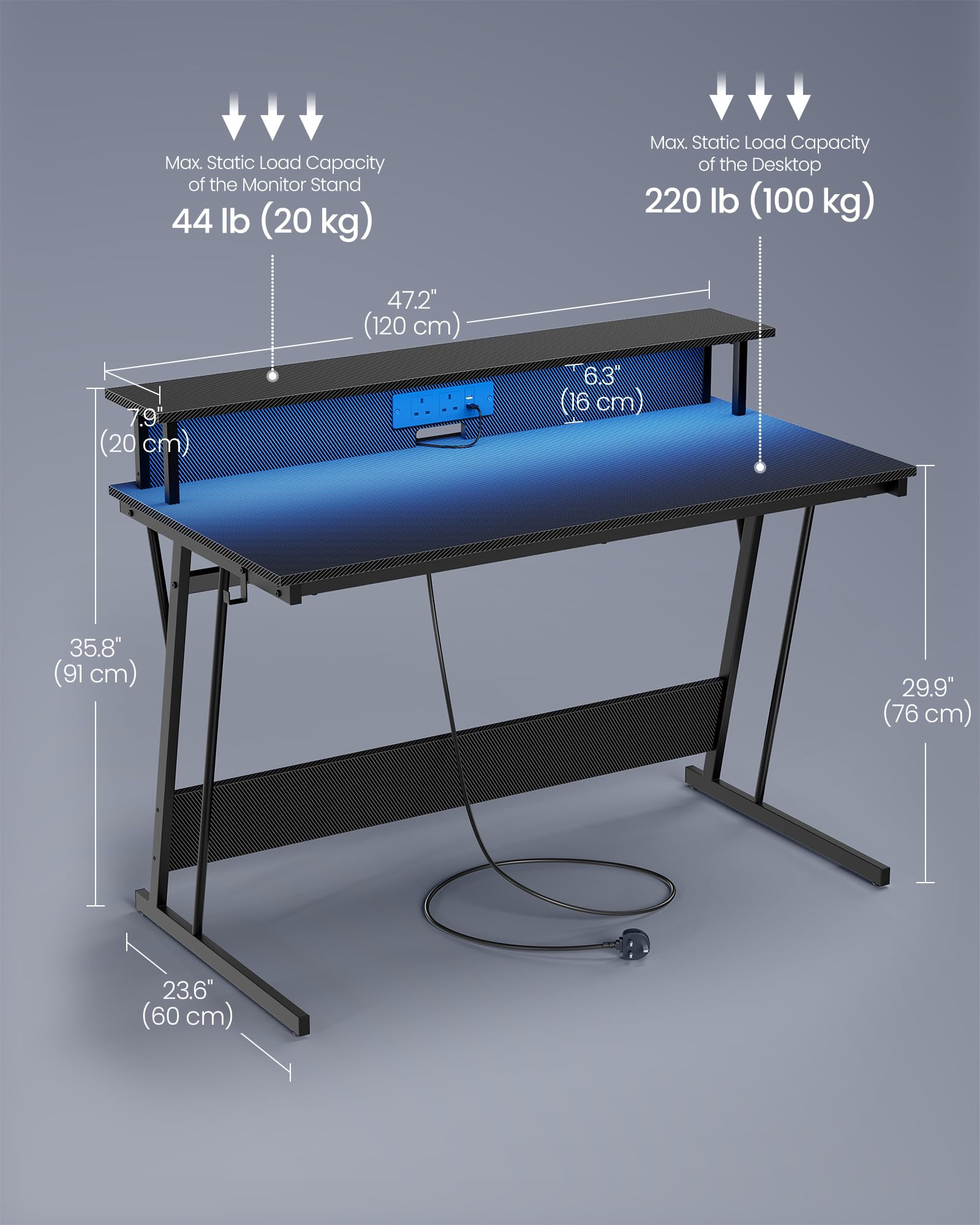 VASAGLE Gaming Desk with LED Lights and Built-In Power Outlets, Computer Desk with Monitor Shelf, Gaming Table for 2 Monitors, Office Desk, for Bedroom, 60 x 120 x 76 cm, Carbon Black LWD292B02