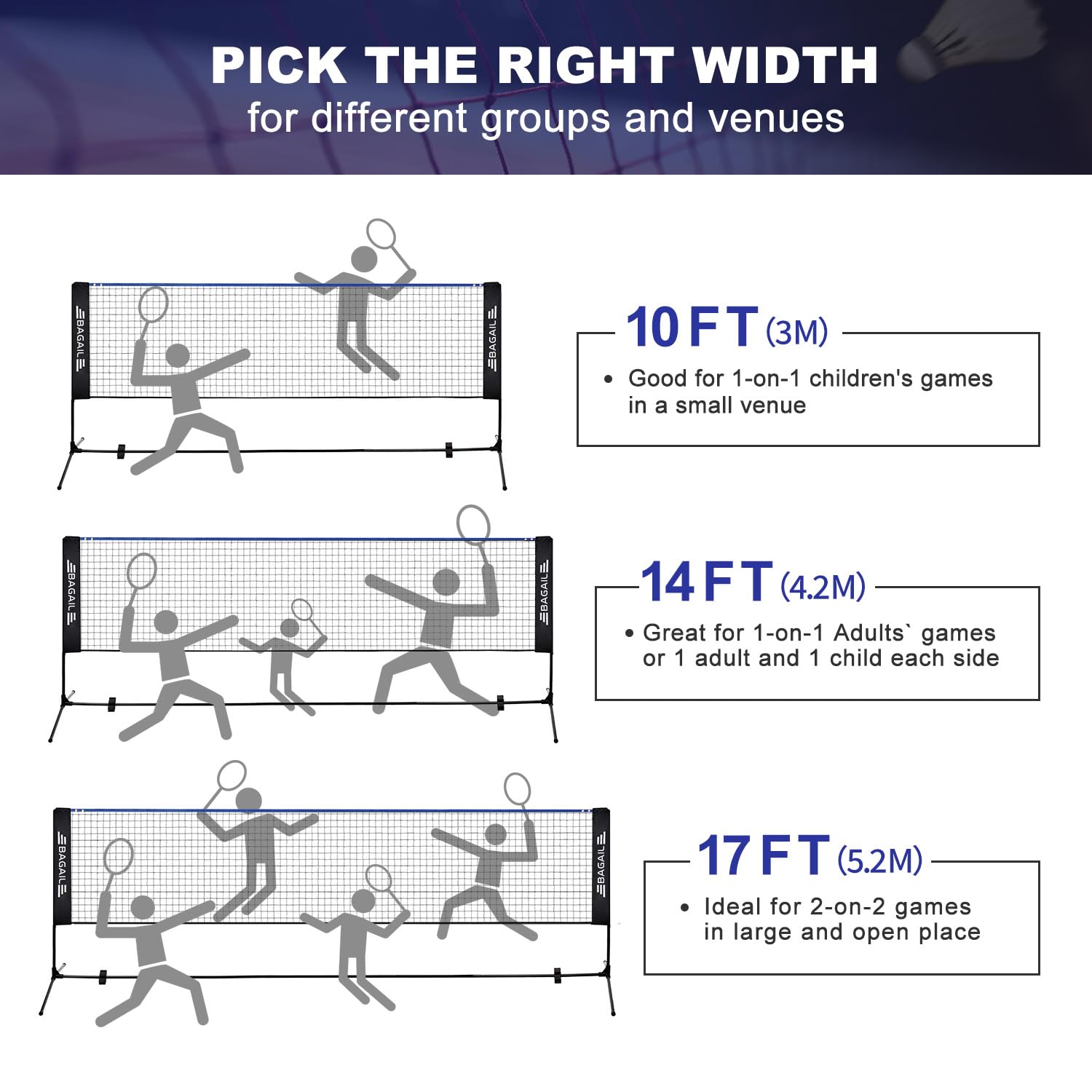 BAGAIL Badminton Net, Foldable Nylon Net, Hieght Adjustable Stand and Portable Carry Bag, Easy to Assemble or Disassemble, Ideal Recreational Sports Net for Tennis, Kids Badminton or Volleyball