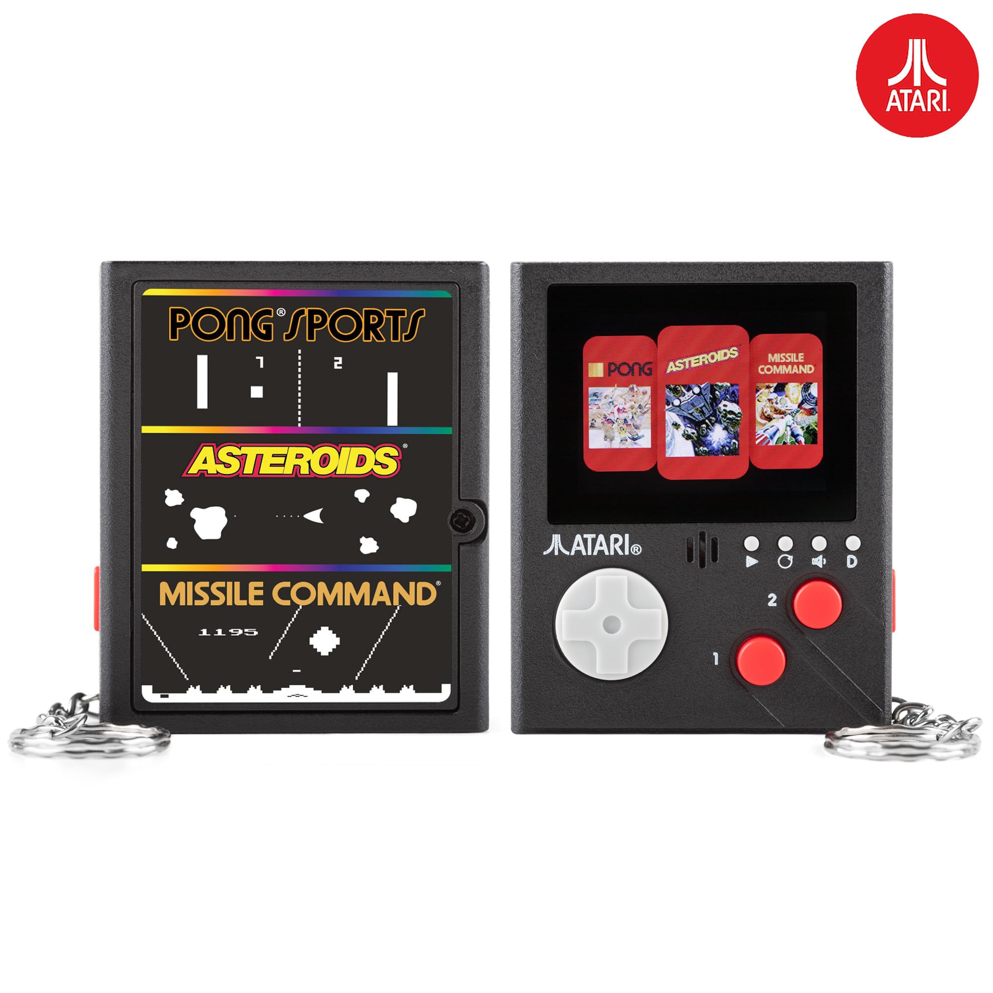 Official Atari Cartridge Handheld Mini Arcade Console with 3 Games - Pong Sports, Asteroids & Missle Command, 2" Colour Screen, Keyring, Retro Gaming Console Gift for Him and Her
