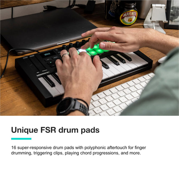 Novation Launchkey Mini 25 [MK4] — Portable 25 Mini-Key, USB, MIDI Keyboard Controller with DAW Integration. Chord Mode, Scale Mode, Drum Pads, and Arpeggiator. Includes Music Creation Software Bundle