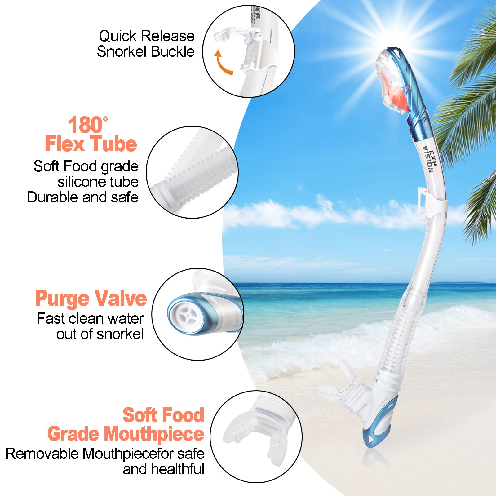 Dry Snorkel Set, Pano 3 Window Snorkel Mask, Anti-Fog Scuba Diving Goggles and Snorkel, Professional Adult Snorkeling Swim Mask Gear (Lake Blue Set)