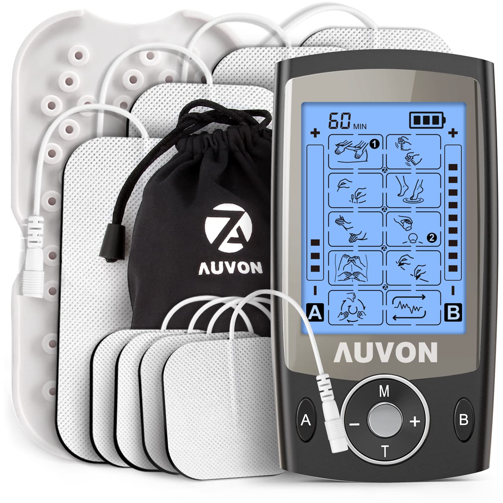 AUVON Dual Channel TENS Machine for Pain Relief, TENS Unit Muscle Stimulator with 20 Modes, 2" and 2"x4" TENS Pads Replacement