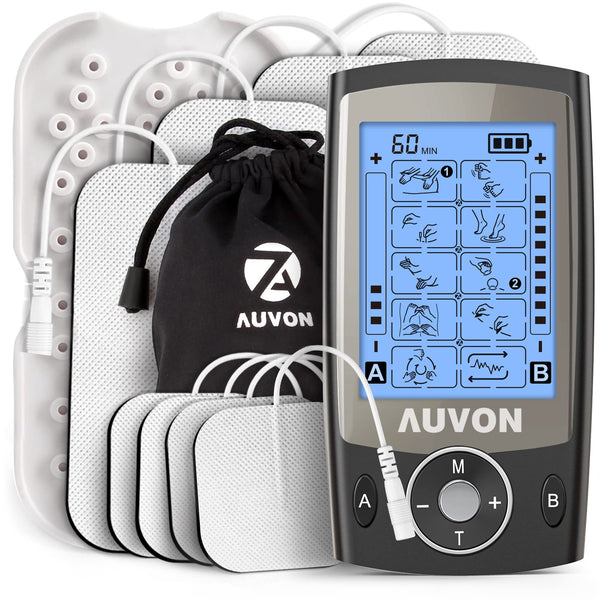 AUVON Dual Channel TENS Machine for Pain Relief, TENS Unit Muscle Stimulator with 20 Modes, 2" and 2"x4" TENS Pads Replacement