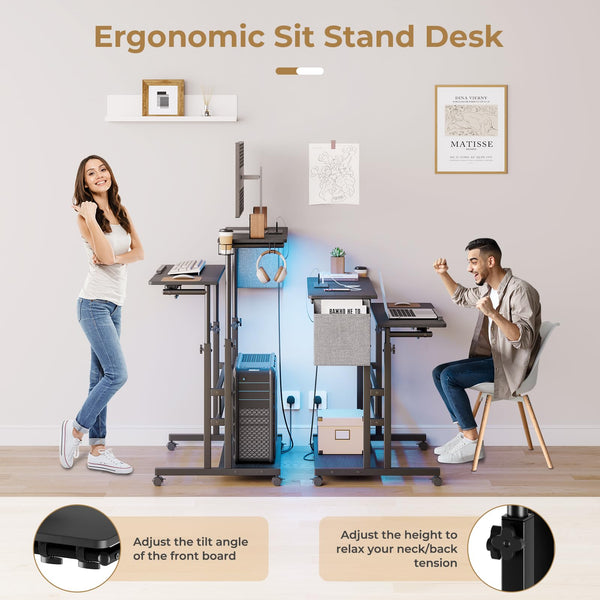 Dripex Mobile Standing Desk with Power Outlets & Strip Lights, Height Adjustable Desk With Cup Holder, Hook, Storage Bag, Rolling Sit-Stand Computer