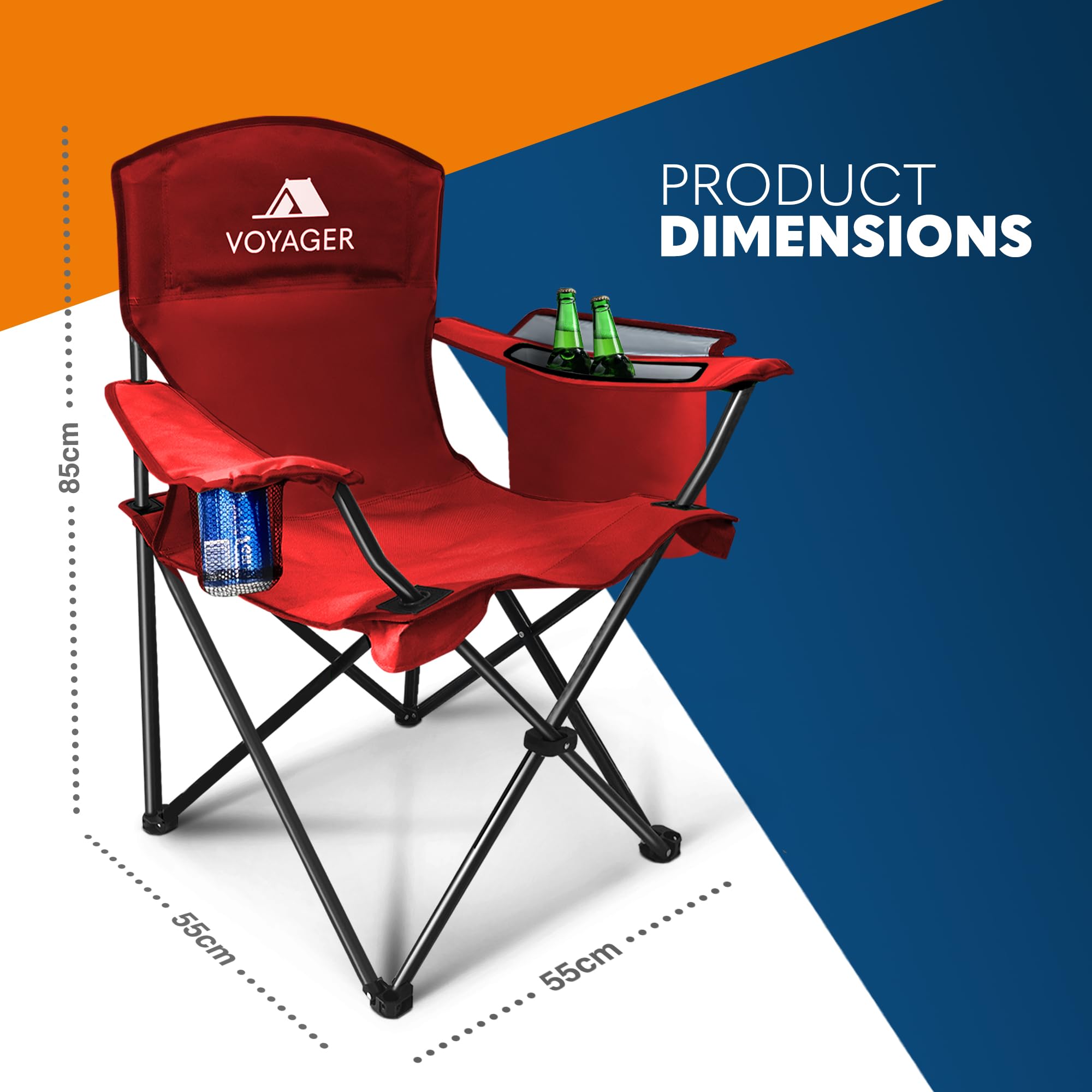 Voyager Folding Camping Chairs 2 Pack with Cooler Bag, Lightweight Q195 Steel Frame, 600D Oxford Fabric, Portable & Comfortable - Black (Black, Padded)