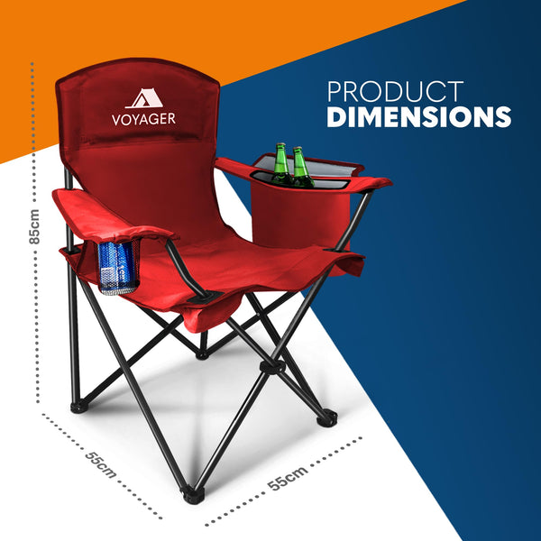 Voyager Folding Camping Chairs 2 Pack with Cooler Bag, Lightweight Q195 Steel Frame, 600D Oxford Fabric, Portable & Comfortable - Black (Black, Padded)