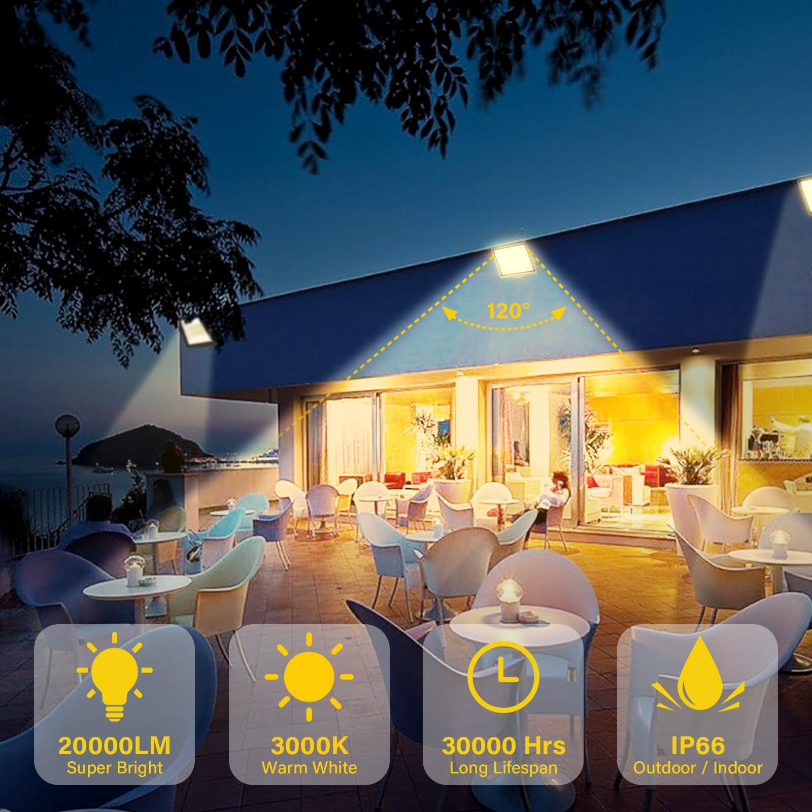 SKYWORLD 2 Pcs Outdoor LED Flood Lights, 200W 20000LM LED Security Lights, IP66 Waterproof, 4000K Daylight Warm White Floodlight Outside Flood lamp