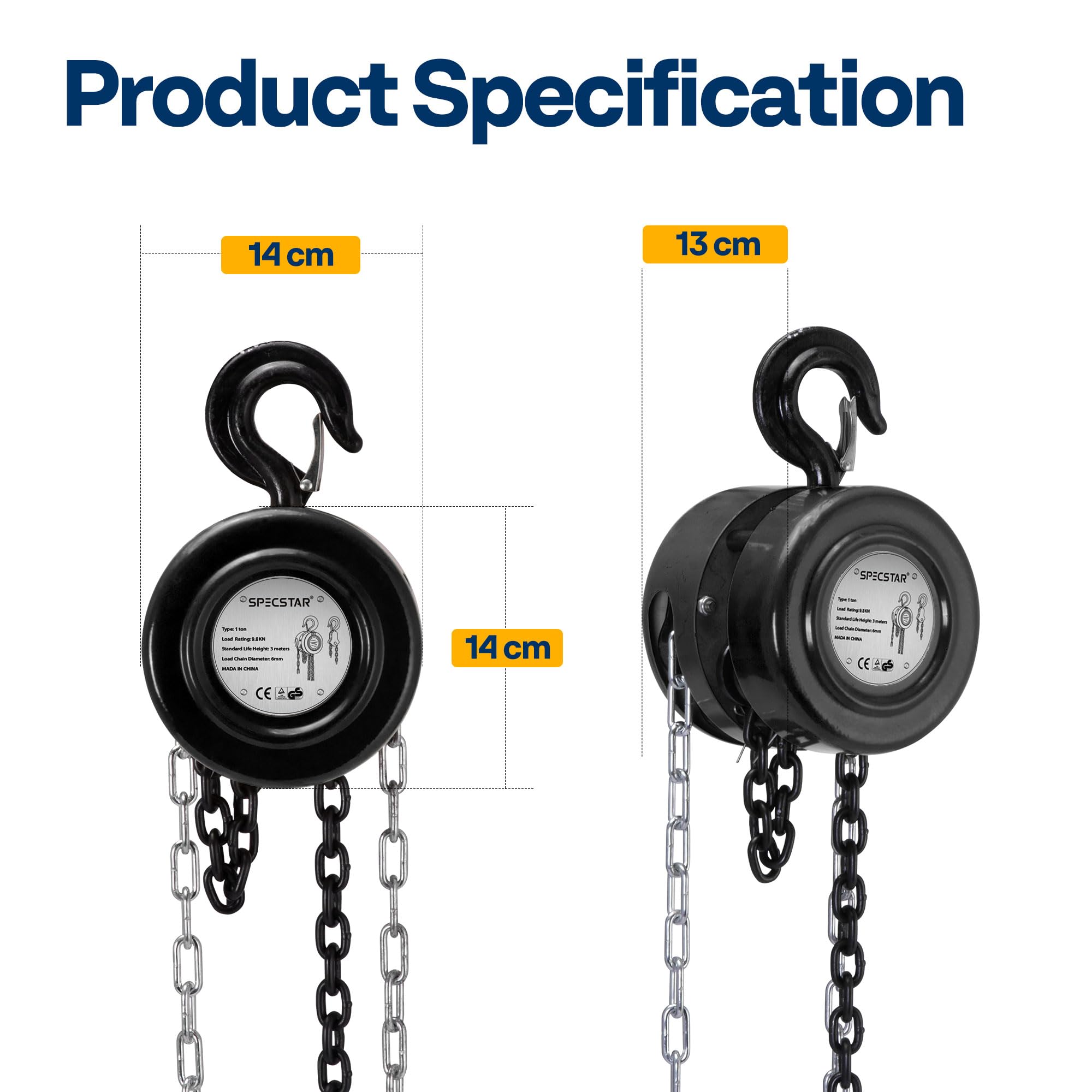 SPECSTAR Hand Chain Hoist 1250kg Capacity 3m with 2 Heavy Duty Hooks Manual Chain Fall for Warehouse Building Automotive Machinery