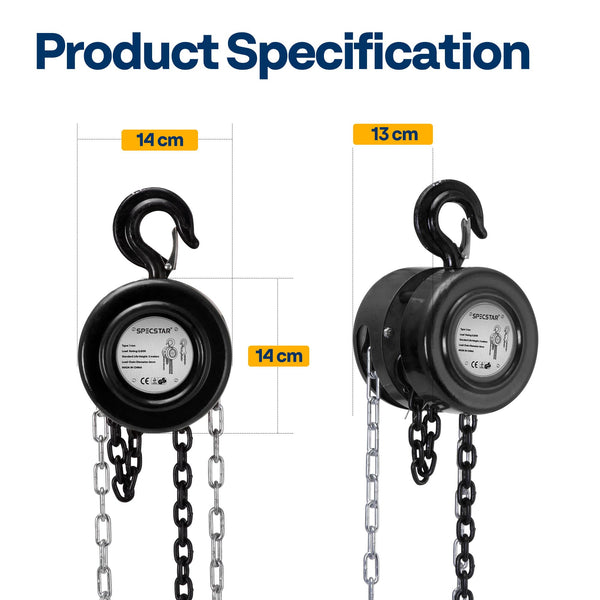 SPECSTAR Hand Chain Hoist 1250kg Capacity 3m with 2 Heavy Duty Hooks Manual Chain Fall for Warehouse Building Automotive Machinery