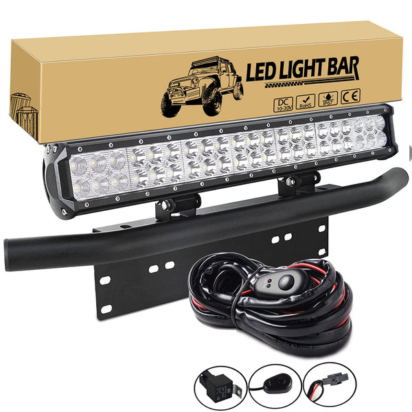 Willpower 126W 20 Inch LED Light Bar + 23 Inch License Plate Holder Universal Aluminum + Wiring Harness Kit Mount Bull Bar Front Bumper Number Plate Frame for Off Road Work Light