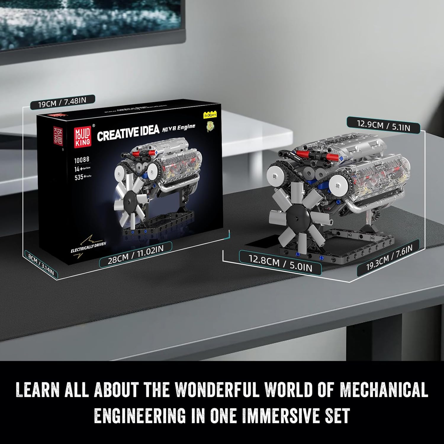 Mould King 10088 V8 Engine Building Kit - Build Your Own V8 Engine Toy, 8-Cylinder Petrol Car Engine Replica Model Building Kit for Kids/Teens 10+ Years (535 Pcs)