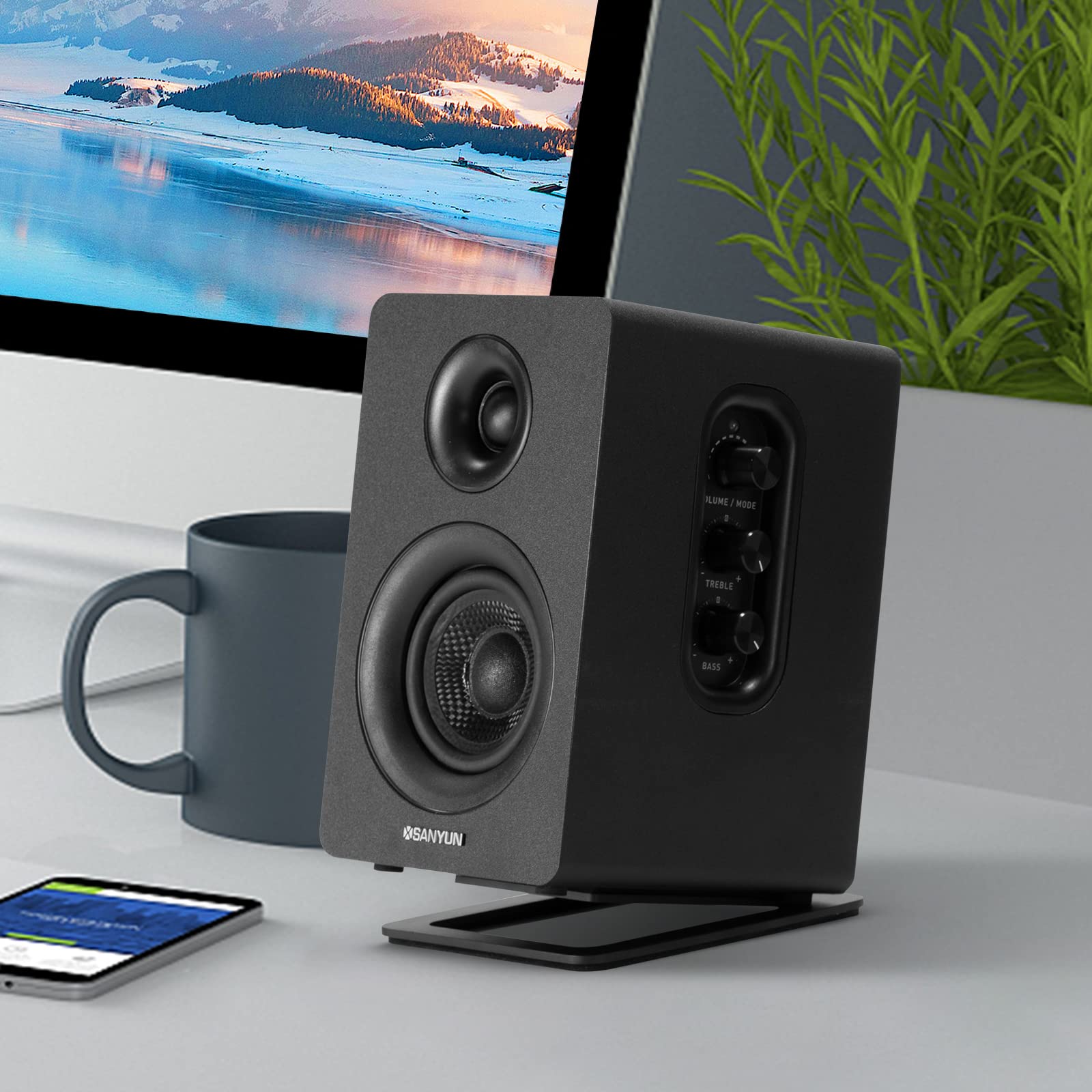 Sanyun SW208 3" Active Bluetooth 5.0 Bookshelf Speakers - 60W Carbon Fiber Speaker Unit - Built-in 24bit DAC - Dynamic 3D Surround Sound - 2.0 Computer PC Monitor Gaming Speakers (Pair, Black)