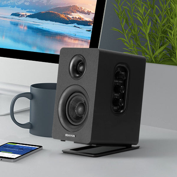 Sanyun SW208 3" Active Bluetooth 5.0 Bookshelf Speakers - 60W Carbon Fiber Speaker Unit - Built-in 24bit DAC - Dynamic 3D Surround Sound - 2.0 Computer PC Monitor Gaming Speakers (Pair, Black)