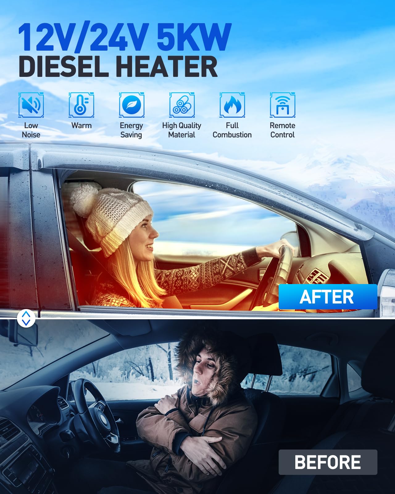 ShockFlo 12V 5KW Diesel Air Heater, All in One Parking Heater Kit with Remote Control, Silencer and LCD Display, Fast Heating, for RV Truck, Motorhomes, Boat, Bus, Car Trailer, Caravans