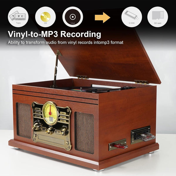 10-in-1 Bluetooth Record Player Multifunctional 3-Speed Turntable for Vinyl Record with Stereo Speaker,LP Vinyl to MP3 Converter with CD, Cassette Player,FM Radio,Wireless Music Streaming | Mahogany