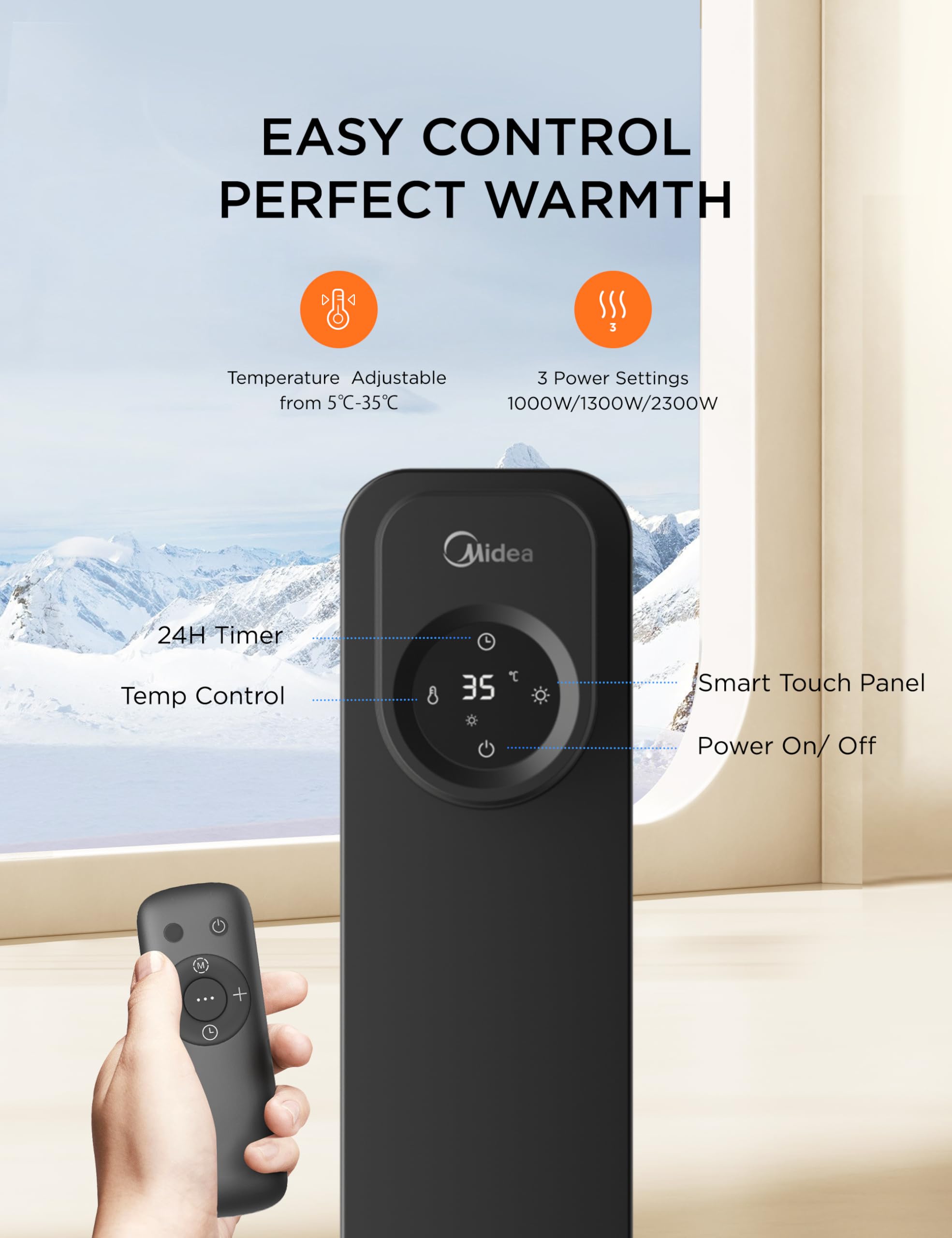 Midea Oil Filled Radiator, 2300W, 11-Fin Portable Electric Heater with Knob Controls, Adjustable Thermostat, 3 Heat Settings, Tip-Over & Overheat Protection, UltraQuiet Operation for Office & Home Use